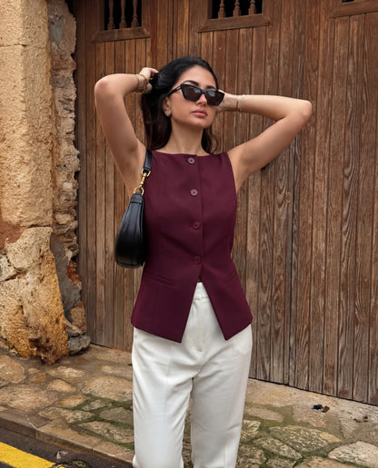 Boat Neck Slit Waist Coat - Burgundy