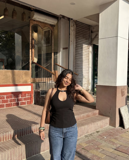 Belted Halter Top In Black
