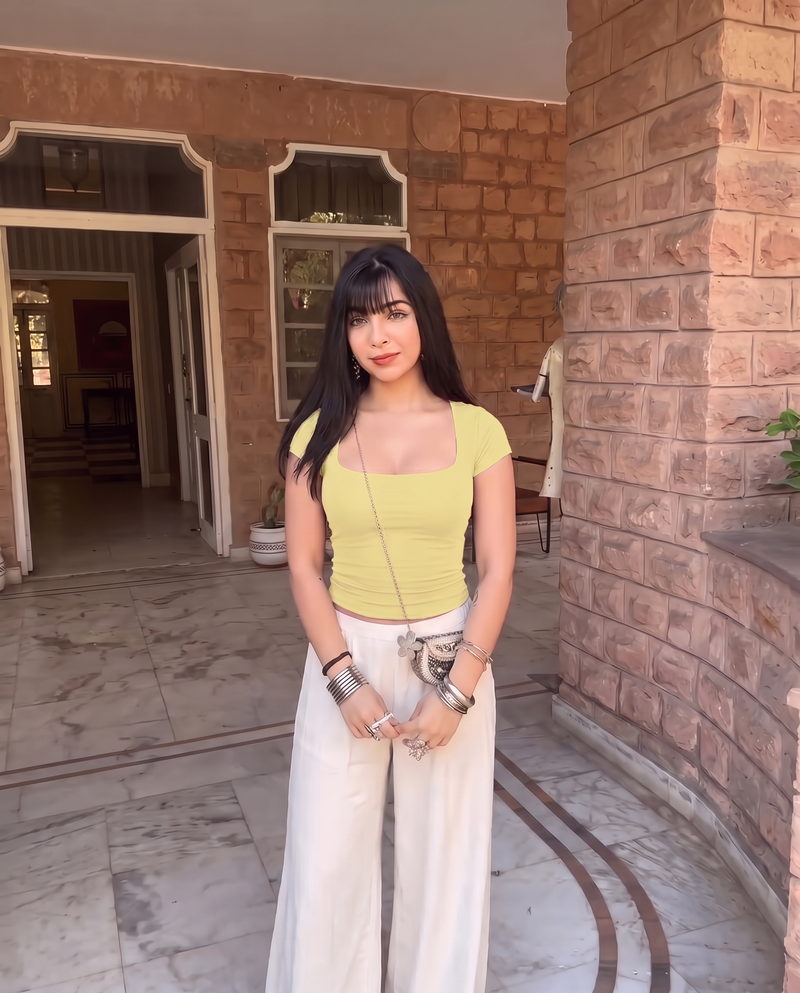 Butter Yellow Square neck Ribbed Top