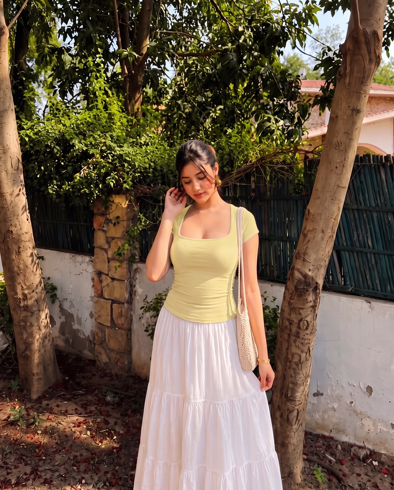 Butter Yellow Square neck Ribbed Top