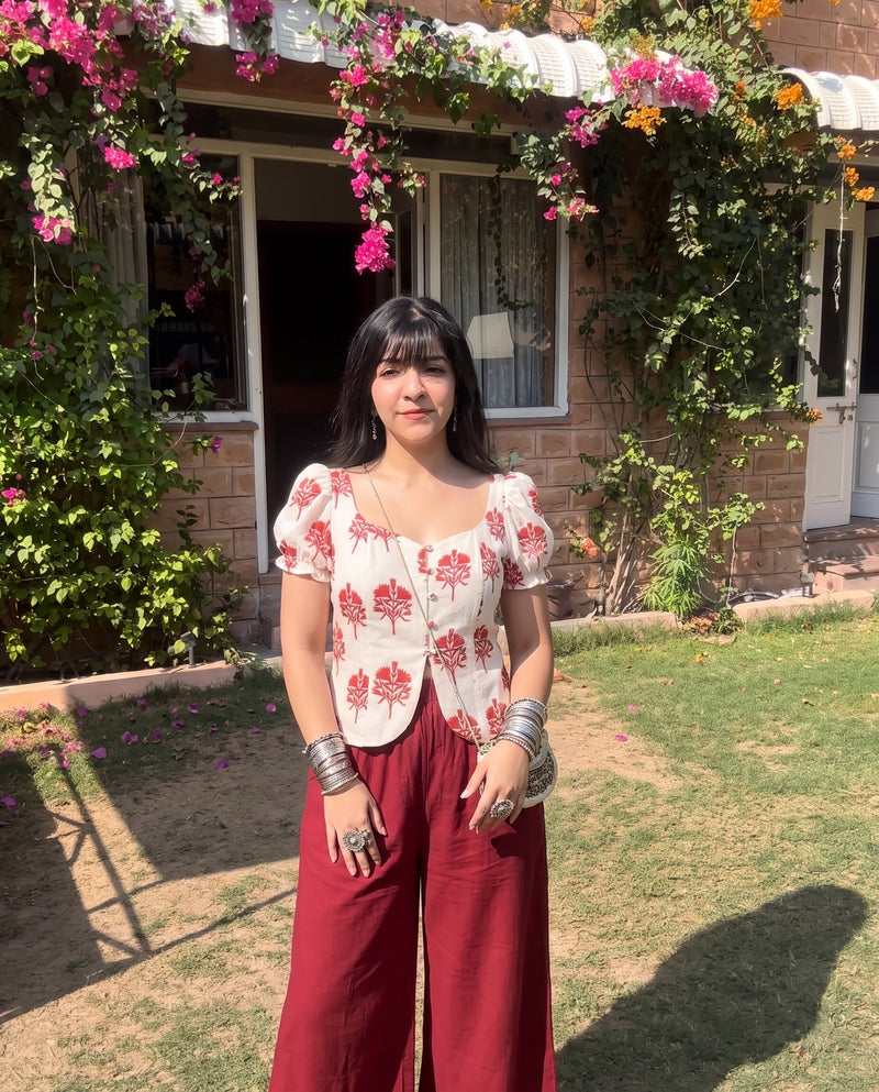 Paro Puff Sleeve Block Print Top - Off White