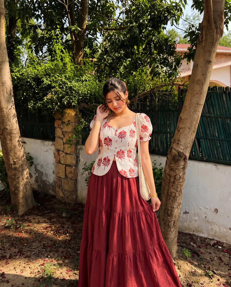 Paro Puff Sleeve Block Print Top - Off White