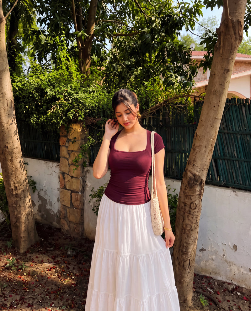 Burgundy Square neck Ribbed Top