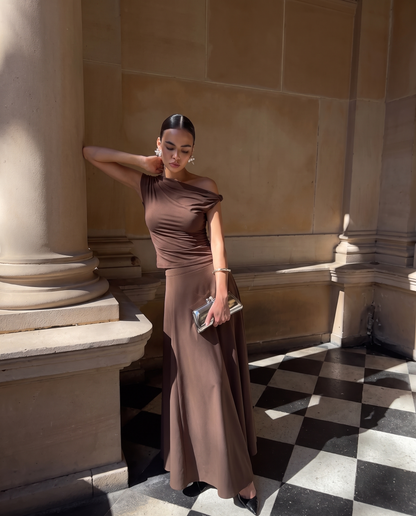Brown Fitted Knot Shoulder Top & Skirt Set