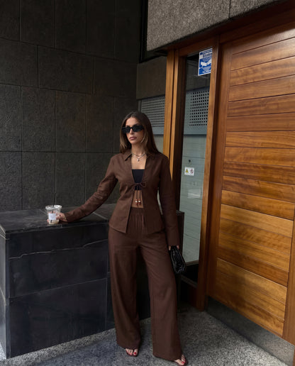 Coffee Tie Up Cotton Top And Pant Co-Ord Set