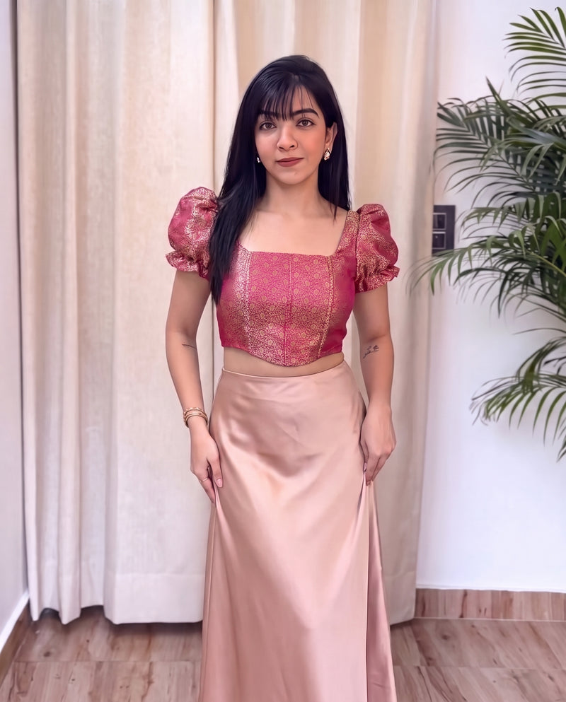 Paro Puff Sleeve Brocade Corset Blouse