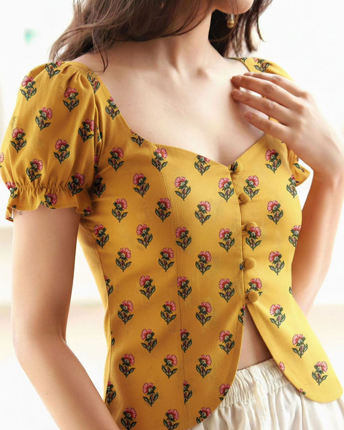 topwear,tops,ethnic, indo-western,ethnic wear, festive wear, indian wear, summer, casual,woven,poly cambric,printed,mustard yellow,floral print,slit in front,button ,skinny fit,slim fit top,waist length,curved hem,diamond neck,no straps,puff sleeves,short sleeves	OY2099, 25070053GG