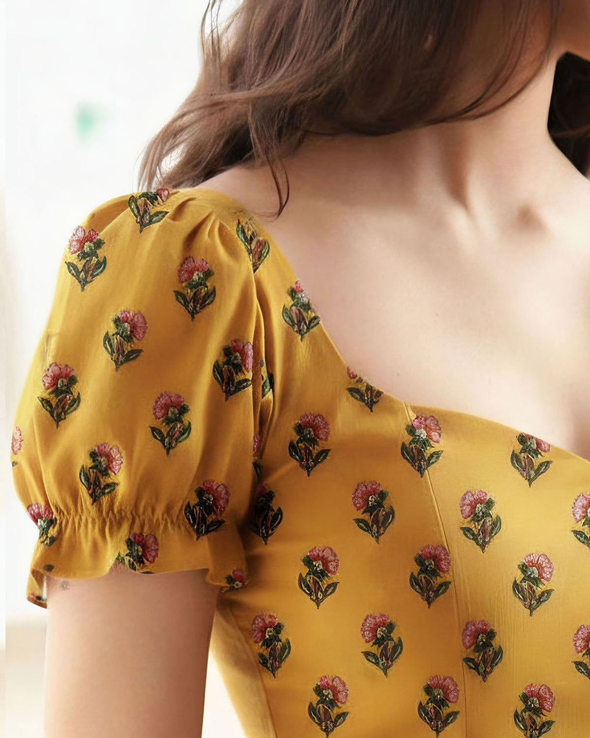 topwear,tops,ethnic, indo-western,ethnic wear, festive wear, indian wear, summer, casual,woven,poly cambric,printed,mustard yellow,floral print,slit in front,button ,skinny fit,slim fit top,waist length,curved hem,diamond neck,no straps,puff sleeves,short sleeves	OY2099, 25070053GG