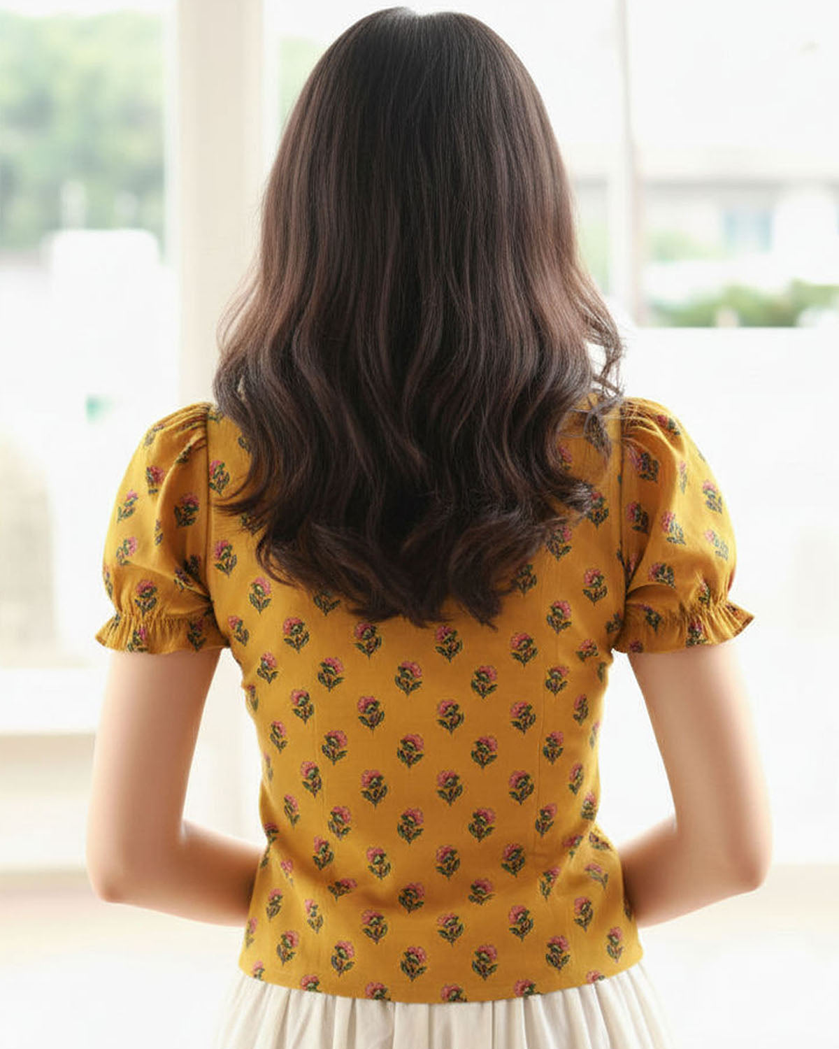 topwear,tops,ethnic, indo-western,ethnic wear, festive wear, indian wear, summer, casual,woven,poly cambric,printed,mustard yellow,floral print,slit in front,button ,skinny fit,slim fit top,waist length,curved hem,diamond neck,no straps,puff sleeves,short sleeves	OY2099, 25070053GG