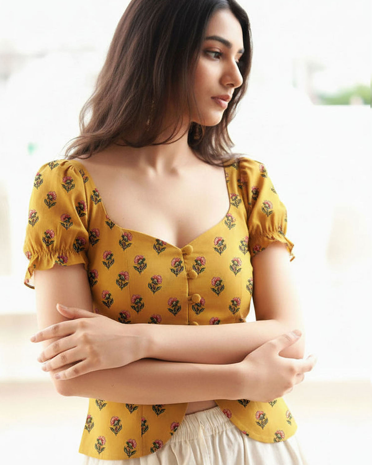 topwear,tops,ethnic, indo-western,ethnic wear, festive wear, indian wear, summer, casual,woven,poly cambric,printed,mustard yellow,floral print,slit in front,button ,skinny fit,slim fit top,waist length,curved hem,diamond neck,no straps,puff sleeves,short sleeves	OY2099, 25070053GG