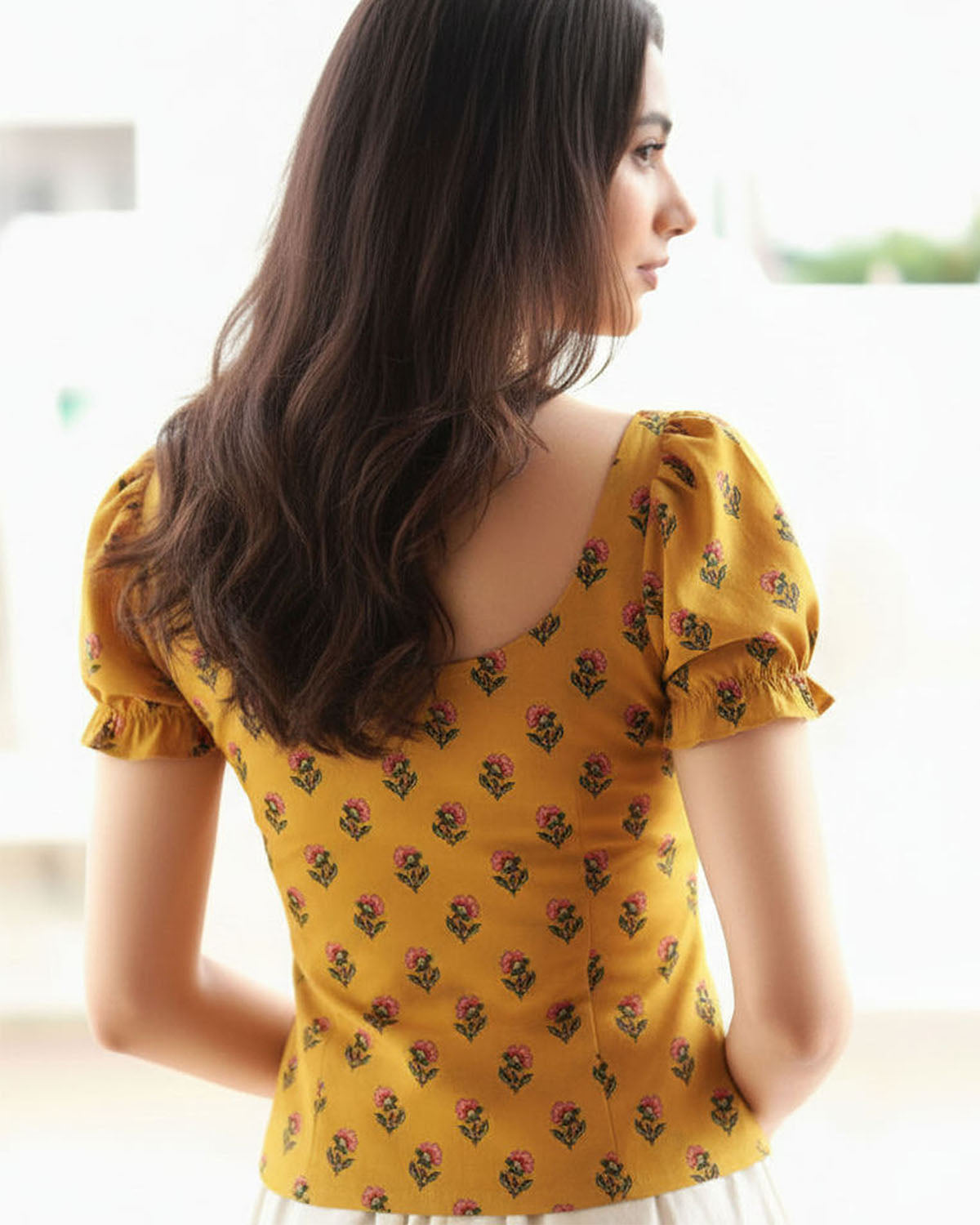 topwear,tops,ethnic, indo-western,ethnic wear, festive wear, indian wear, summer, casual,woven,poly cambric,printed,mustard yellow,floral print,slit in front,button ,skinny fit,slim fit top,waist length,curved hem,diamond neck,no straps,puff sleeves,short sleeves	OY2099, 25070053GG