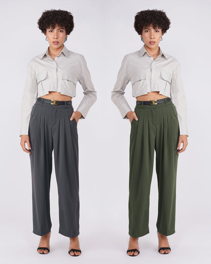 Pant 1 Color: OliveFabric: Moss CrepeFit: Relaxed FitLength: 41 inches waist: High RiseClosure: Zip & ButtonNo. of Pockets: 2Print: SolidDetail: PleatedPant 2Color: GreyFabric: Moss CrepeFit: Relaxed FitLength: 40 inches Waist: High RiseClosure: Zip & ButtonNo. of Pockets: 2Print: SolidDetail: Pleated Wide Leg 