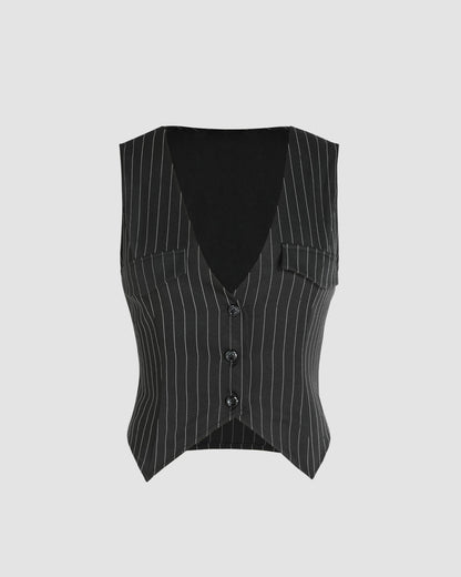 topwear,tops,formal, semi-formal,minimal, sophisticated, summer,woven,polycotton,black,stripe,button,slim fit,fitted,waist length,curved hem,v-neck,sleeveless, OY2001, 25060033GG
