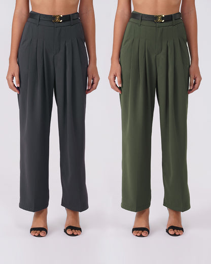 Pant 1 Color: OliveFabric: Moss CrepeFit: Relaxed FitLength: 41 inches waist: High RiseClosure: Zip & ButtonNo. of Pockets: 2Print: SolidDetail: PleatedPant 2Color: GreyFabric: Moss CrepeFit: Relaxed FitLength: 40 inches Waist: High RiseClosure: Zip & ButtonNo. of Pockets: 2Print: SolidDetail: Pleated Wide Leg 