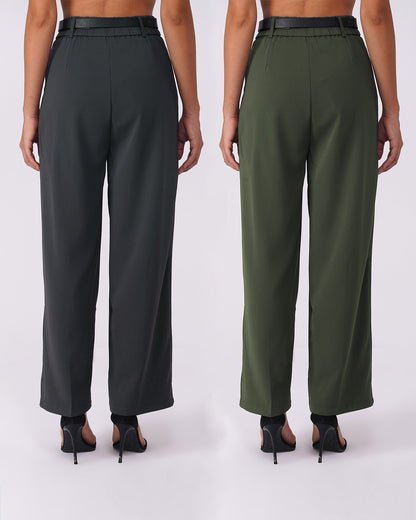 Pant 1 Color: OliveFabric: Moss CrepeFit: Relaxed FitLength: 41 inches waist: High RiseClosure: Zip & ButtonNo. of Pockets: 2Print: SolidDetail: PleatedPant 2Color: GreyFabric: Moss CrepeFit: Relaxed FitLength: 40 inches Waist: High RiseClosure: Zip & ButtonNo. of Pockets: 2Print: SolidDetail: Pleated Wide Leg 