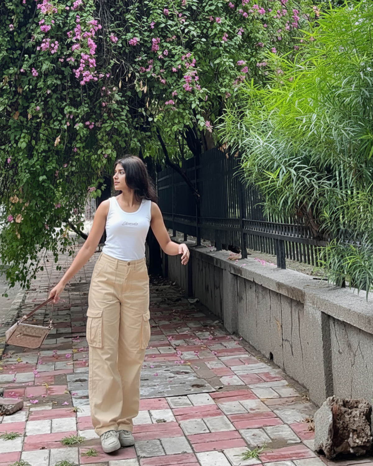 Beige Wide Leg Adjustable Cargo