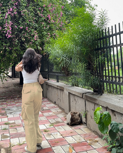 Beige Wide Leg Adjustable Cargo