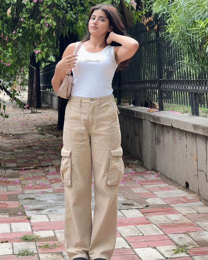 Beige Wide Leg Adjustable Cargo