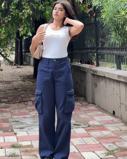 Navy Blue Wide Leg Adjustable Cargo
