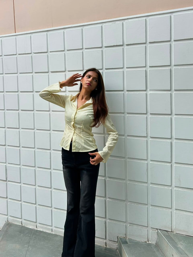 Pinstripes Flared Sleeves Shirt in Butter Yellow