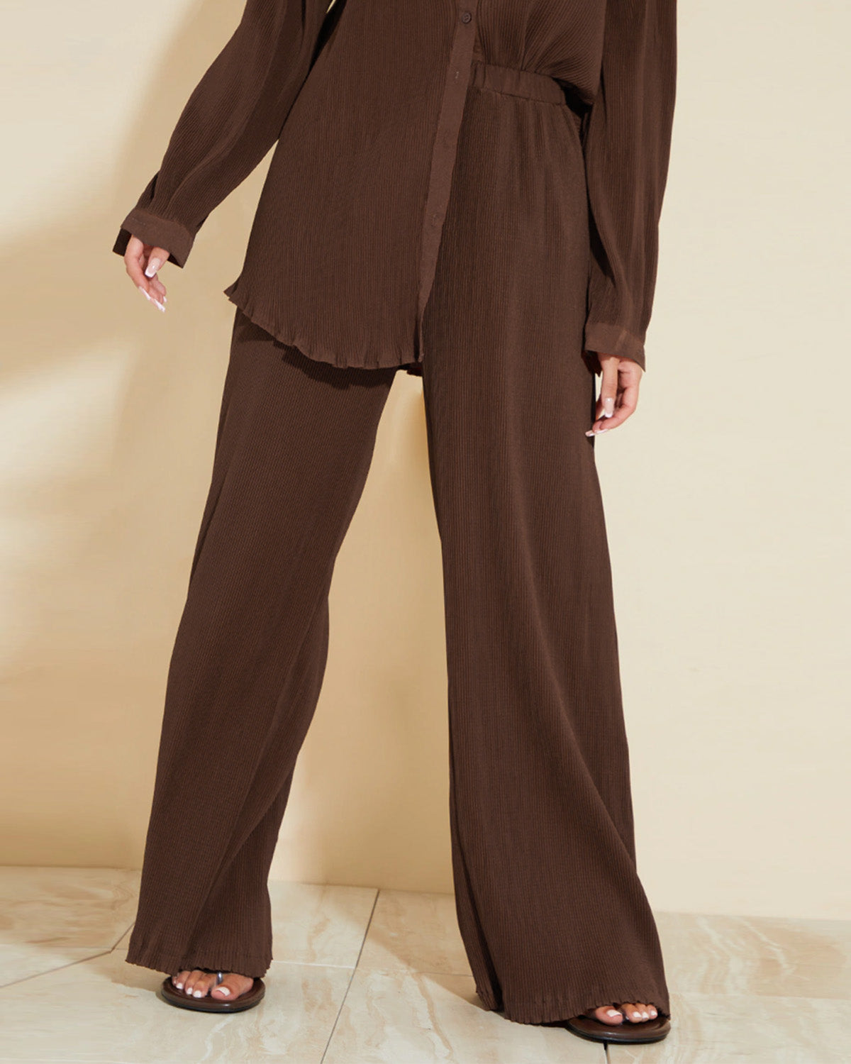 coord sets,bottomwear, topwear,casual, vacation, outdoors, summer,urban fit, genz, minimal,knitted,ribbed,,,brown,solid,panelling,buttons,regular fit top,shirt,longline top,straight hem,spread collar,no straps,full sleeves,long sleeves,button up shirt,pants,straight pants,full length,straight hem,mid rise waist,pockets, OY3039, 25070012GG