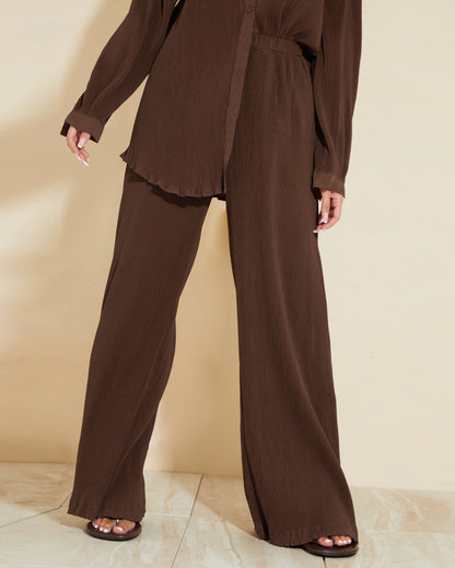 coord sets,bottomwear, topwear,casual, vacation, outdoors, summer,urban fit, genz, minimal,knitted,ribbed,,,brown,solid,panelling,buttons,regular fit top,shirt,longline top,straight hem,spread collar,no straps,full sleeves,long sleeves,button up shirt,pants,straight pants,full length,straight hem,mid rise waist,pockets, OY3039, 25070012GG