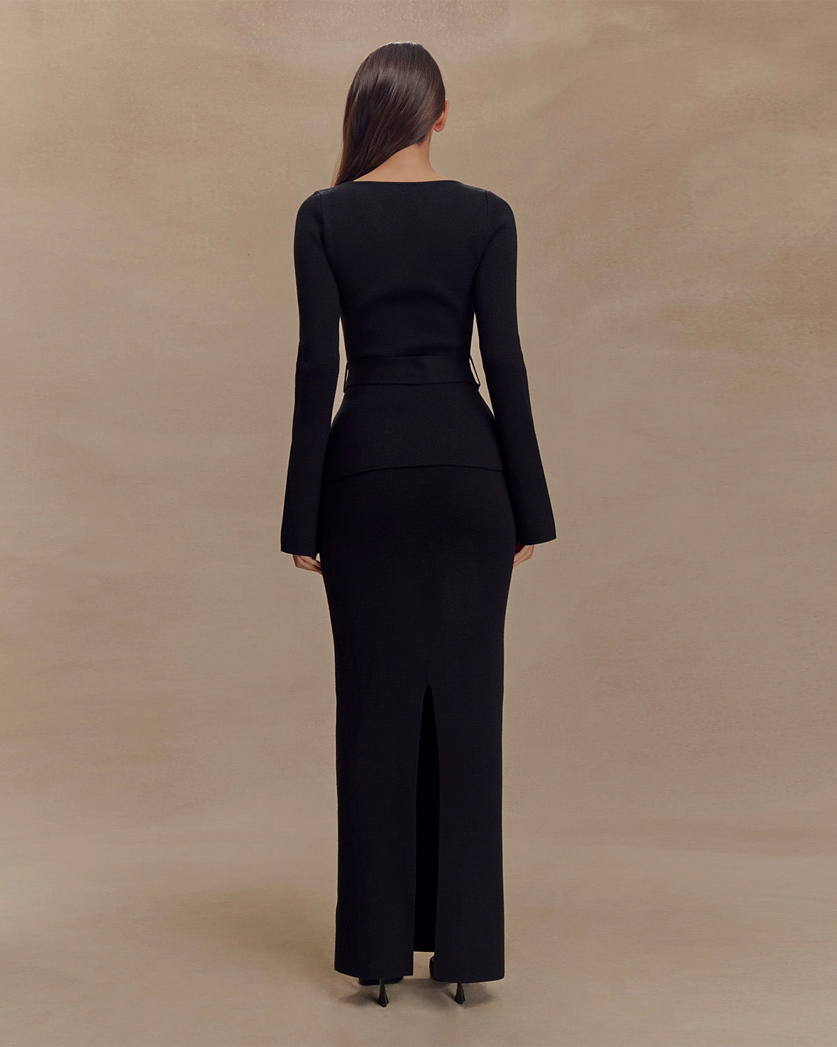 coord sets,bottomwear, topwear,casual chic, vacation, outdoor events, minimal, summer, urban fit,knitted,ribbed,,black,solid,buckle, fabric belt,slim fit top,fitted top,waist length top,straight hem,boat neck,no straps,long sleeves,full sleeves,slip on,skirts,pencil skirt,full length,straight hem,mid rise waist,no pockets, OY2174, 25080006GG