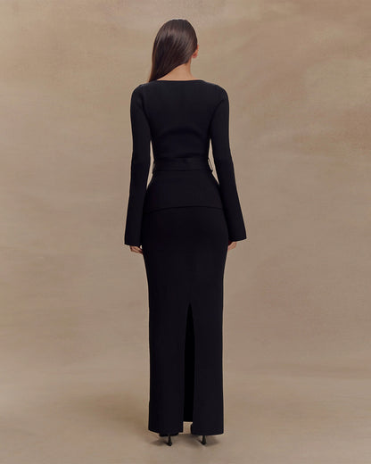 coord sets,bottomwear, topwear,casual chic, vacation, outdoor events, minimal, summer, urban fit,knitted,ribbed,,black,solid,buckle, fabric belt,slim fit top,fitted top,waist length top,straight hem,boat neck,no straps,long sleeves,full sleeves,slip on,skirts,pencil skirt,full length,straight hem,mid rise waist,no pockets, OY2174, 25080006GG