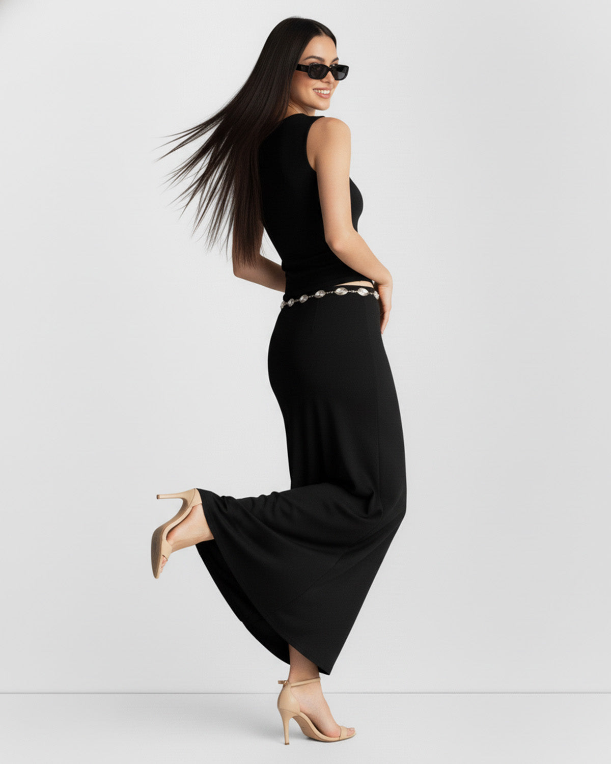 coord sets,tops,casual,summer,knitted, stretchable,ribbed,solid,gathered,skinny fit,fitted,regular,crew neck,long sleeves, OY305 black, 25100031GG