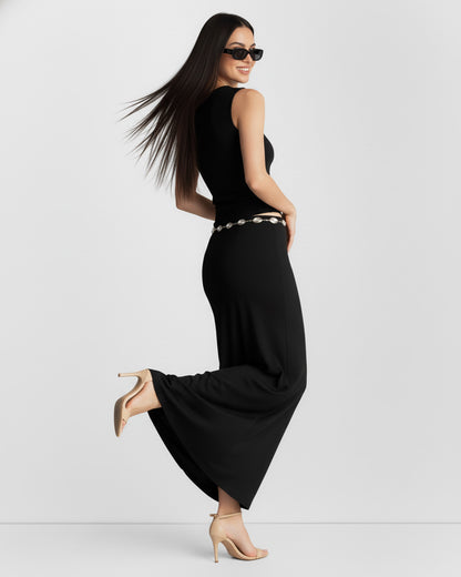 coord sets,tops,casual,summer,knitted, stretchable,ribbed,solid,gathered,skinny fit,fitted,regular,crew neck,long sleeves, OY305 black, 25100031GG