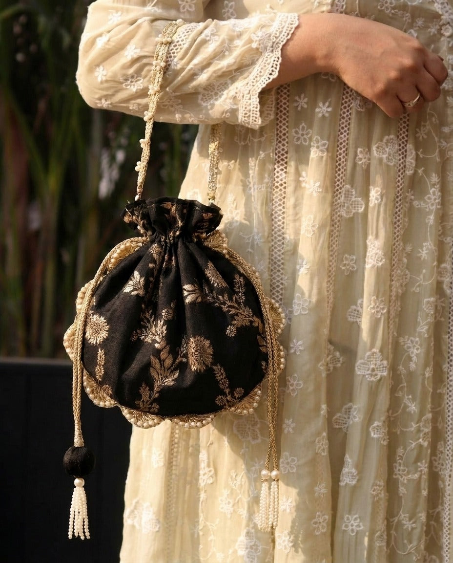 Black Brocade Potli Bag with Gold Tassel