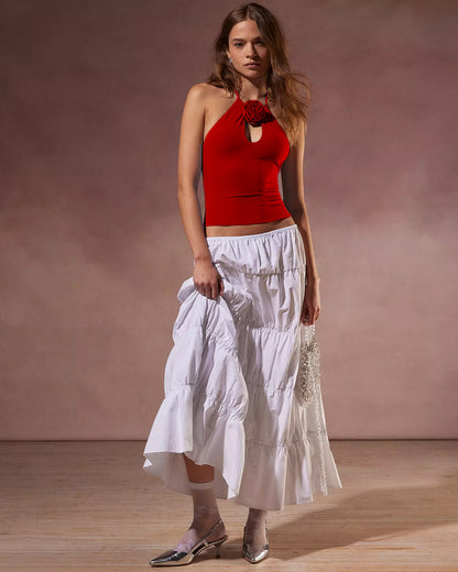 topwear,tops,casual, casual chic,gen z, millenial, summer,knitted, stretchable, woven,polyester, spandex,red,solid,tie knot,slim fit,crop top,crop,straight hem,halter neck,no straps,no sleeves, sleeveless	OY3116, 25110015GG