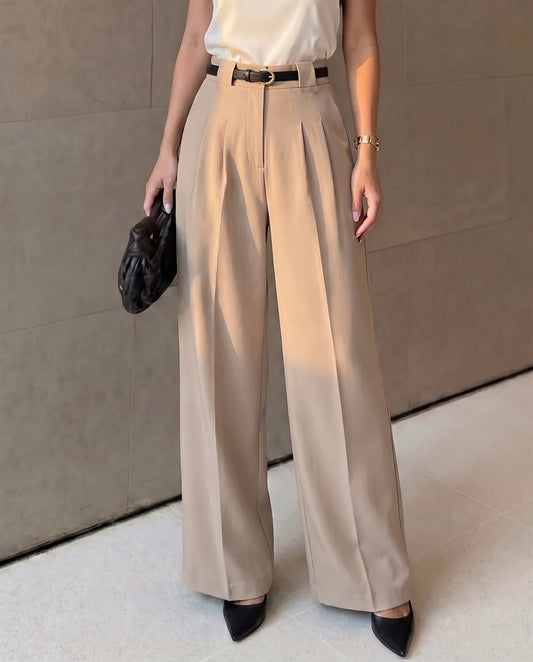 Pleated Pants With Belt -Beige