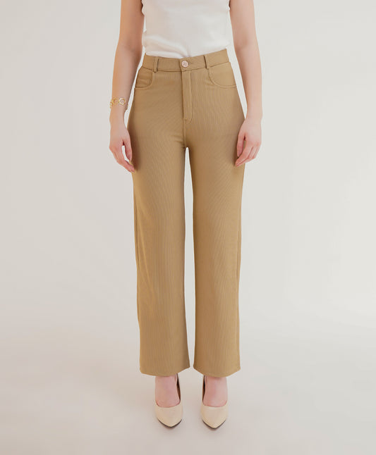 RIBBED TROUSERS,beige, bottomwear, formal, full length, high waist, ribbed, straight fit, trousers,ribbed-trousers-beige,Length - Full Length (41 Inches) Waist - High Waist Fit- Straight Fit Color - Beige No. of Pockets - 4 Closure - Zip &amp; Buttons