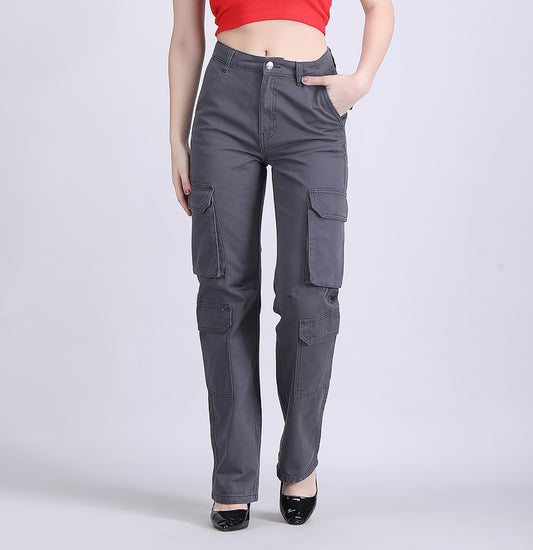 STRAIGHT FIT CARGO,bottomwear, cargos, cotton, full length, grey, mid rise waist, straight fit, utility pocket,cargo-straight-fit-trouser-grey,Length - Full lengthWaist - Mid-rise waistFit - Straight fitColor - GreyNo. of Pockets - 8Material - Cotton twillLength - 42 inchClosure - Zip &amp; button Detail - Utility-pocket