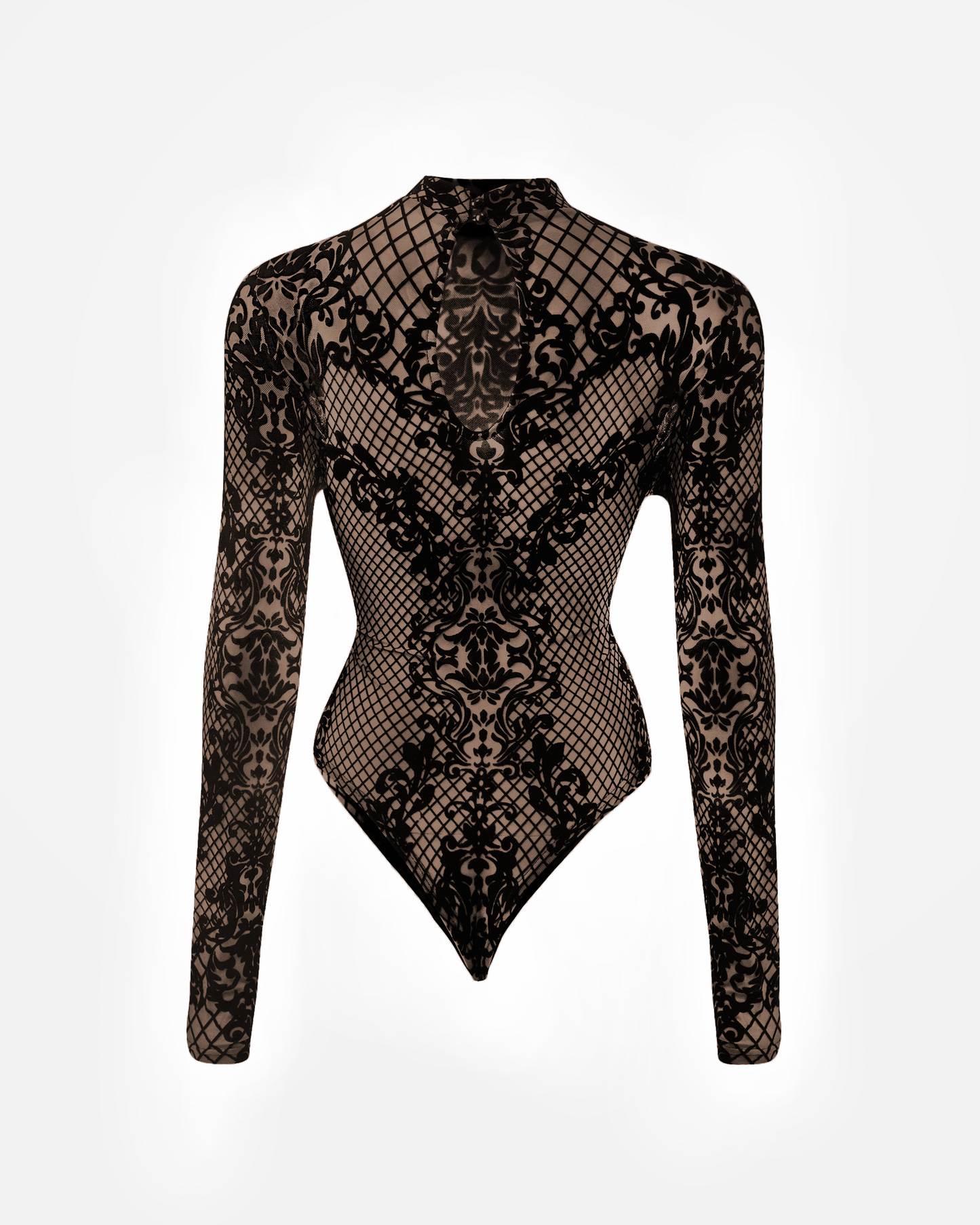 FLOCKED MESH BODYSUIT,beige, black, bodycon, bodysuit, bottomwear, crew neck, flock print, floral, full sleeves, lycra, mesh, printed, skinny fit,bodysuit-flocked-mesh-top,Neck - Crew neckSleeve - Full sleevesFit - Skinny fitPrint/Pattern - Flock printedColor - BeigeMaterial - Lycra mesh