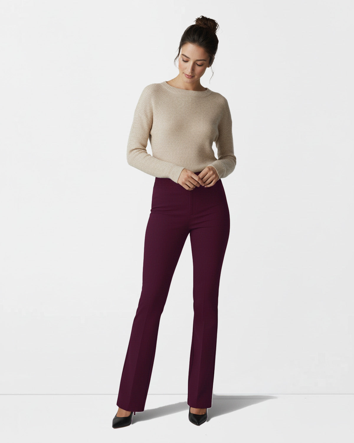BOOT CUT PINTUCK TROUSER,Color: Wine
Fabric: 95% poly 5% spandex
Length: Full length(41")
Fit: Skinny Fit
Waist: High Rise 
No. of Pockets: 2
Print: Solid,trousers,bottomwear,trousers,casual,stretchable,polyester, spandex,wine, maroon,flared fit,bootcut,full length,flared,high rise,24090002GG, OY993