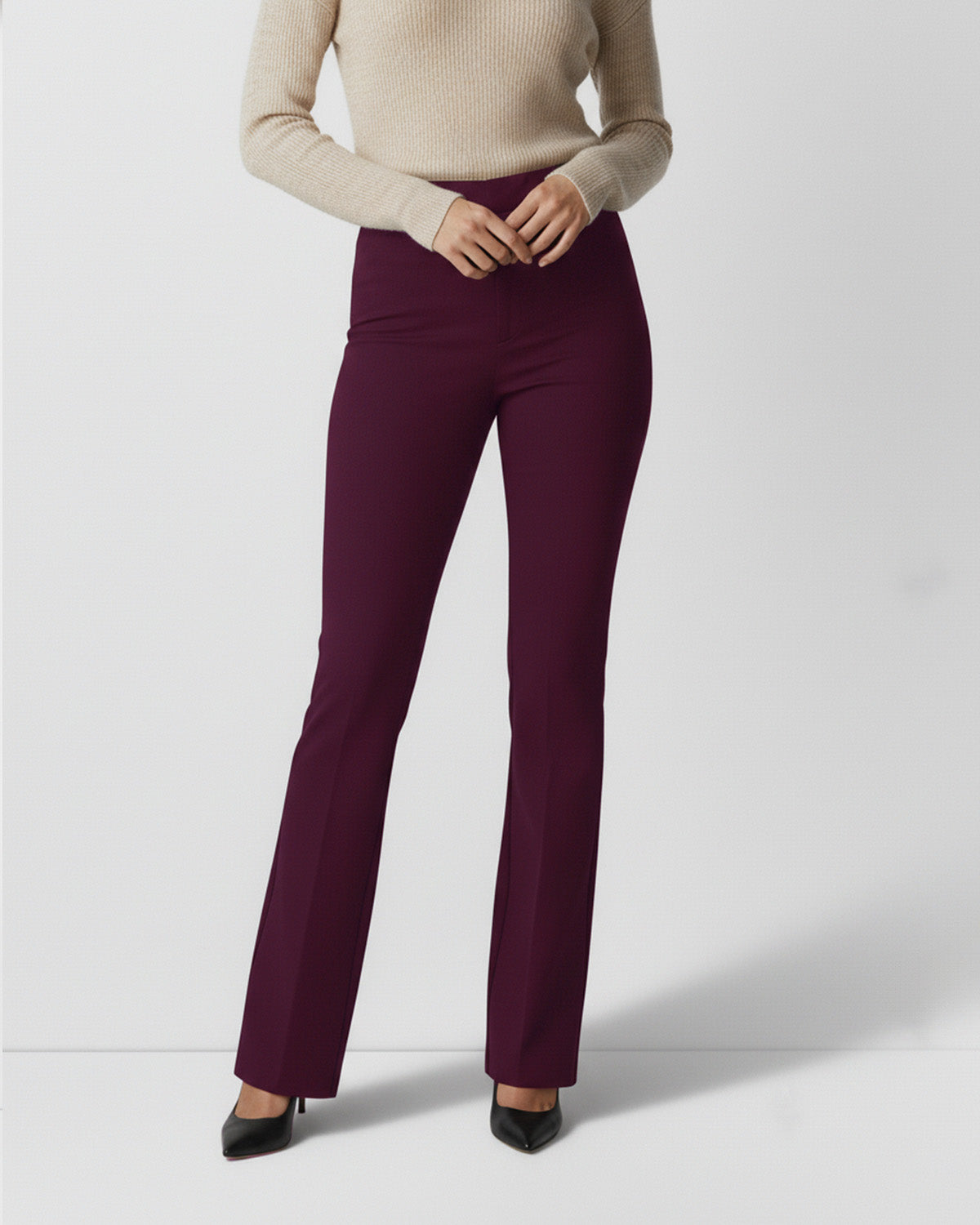 BOOT CUT PINTUCK TROUSER,Color: Wine
Fabric: 95% poly 5% spandex
Length: Full length(41")
Fit: Skinny Fit
Waist: High Rise 
No. of Pockets: 2
Print: Solid,trousers,bottomwear,trousers,casual,stretchable,polyester, spandex,wine, maroon,flared fit,bootcut,full length,flared,high rise,24090002GG, OY993