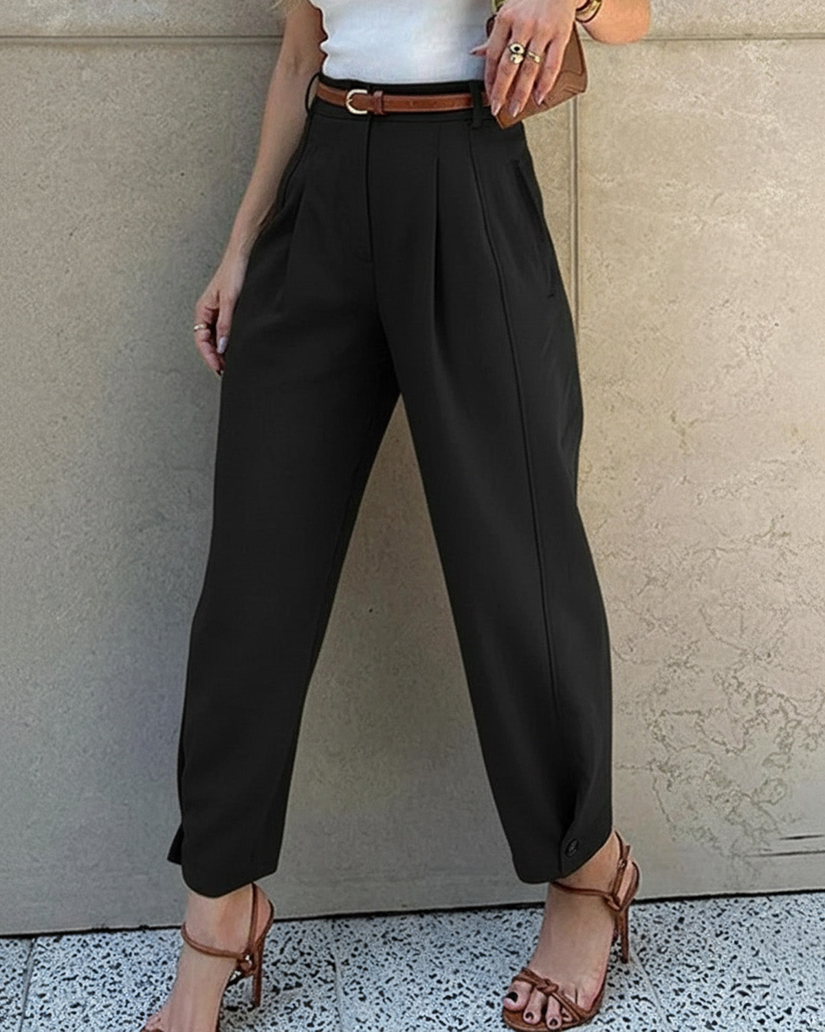 bottomwear,trousers,formal,summer,,twill,,black,pleated,zipper,,straight,full length,straight hem,high rise	OY2046, 25110050GG