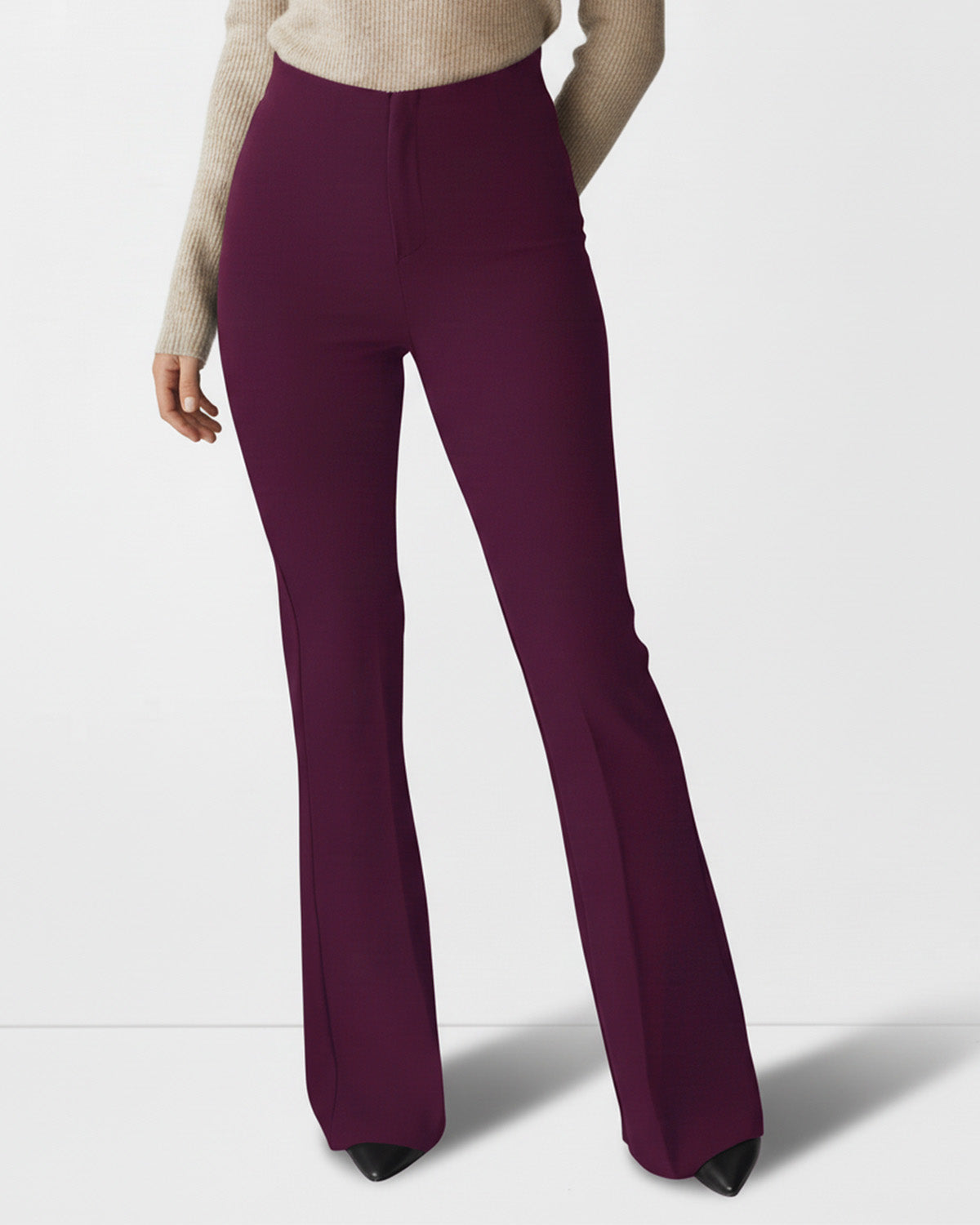 BOOT CUT PINTUCK TROUSER,Color: Wine
Fabric: 95% poly 5% spandex
Length: Full length(41")
Fit: Skinny Fit
Waist: High Rise 
No. of Pockets: 2
Print: Solid,trousers,bottomwear,trousers,casual,stretchable,polyester, spandex,wine, maroon,flared fit,bootcut,full length,flared,high rise,24090002GG, OY993