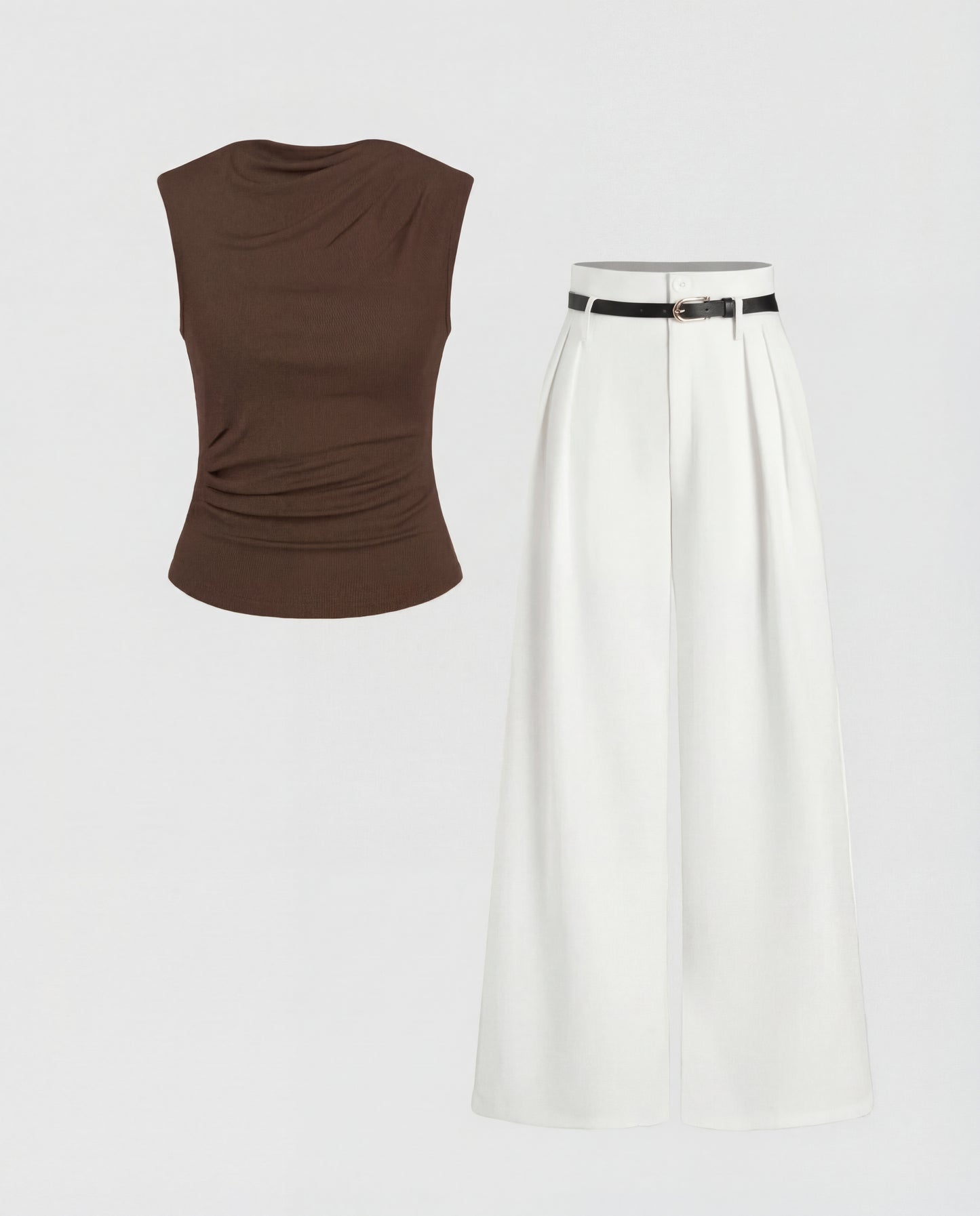 Brown Cowl Neck Ribbed Top And White Pleated Pants Set (With Belt)