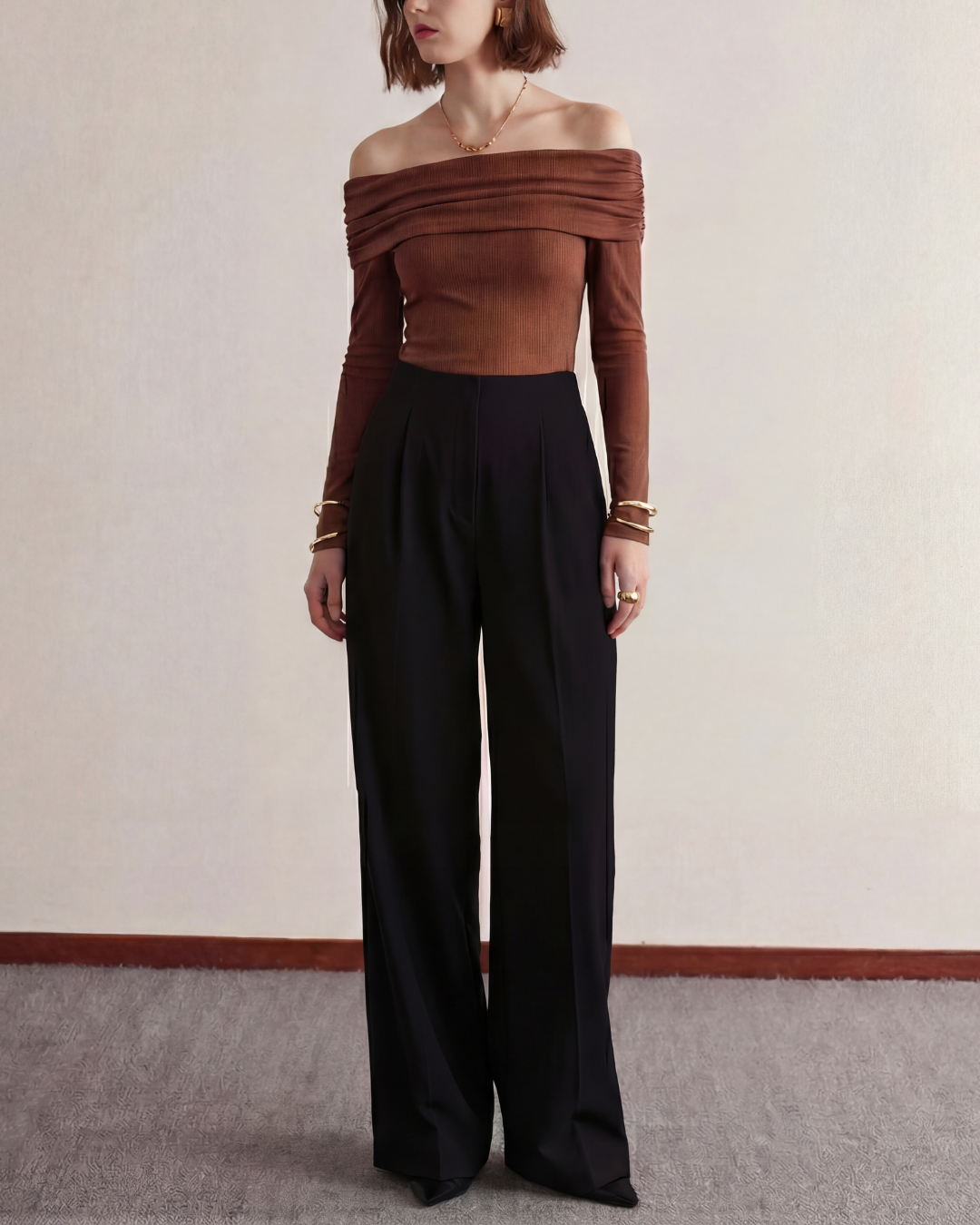 Off Shoulder Top With Pleated Korean Pants Cord Set