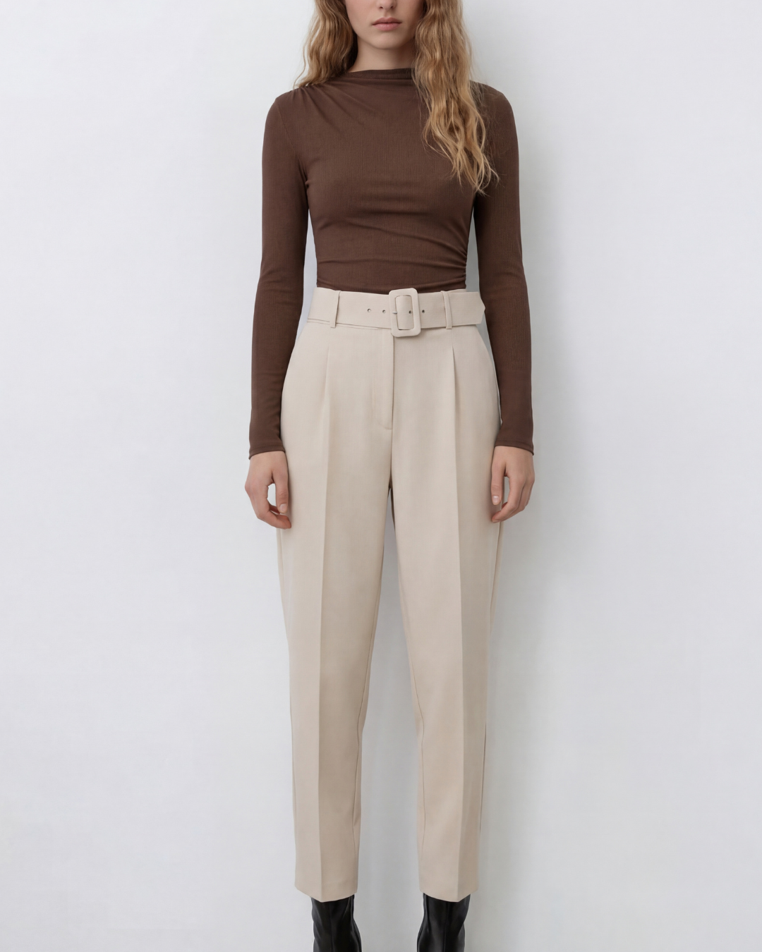 Brown Ribbed Bodysuit with Belted Tapered Pant Set