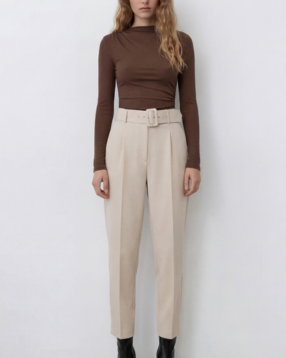 Brown Ribbed Bodysuit with Belted Tapered Pant Set