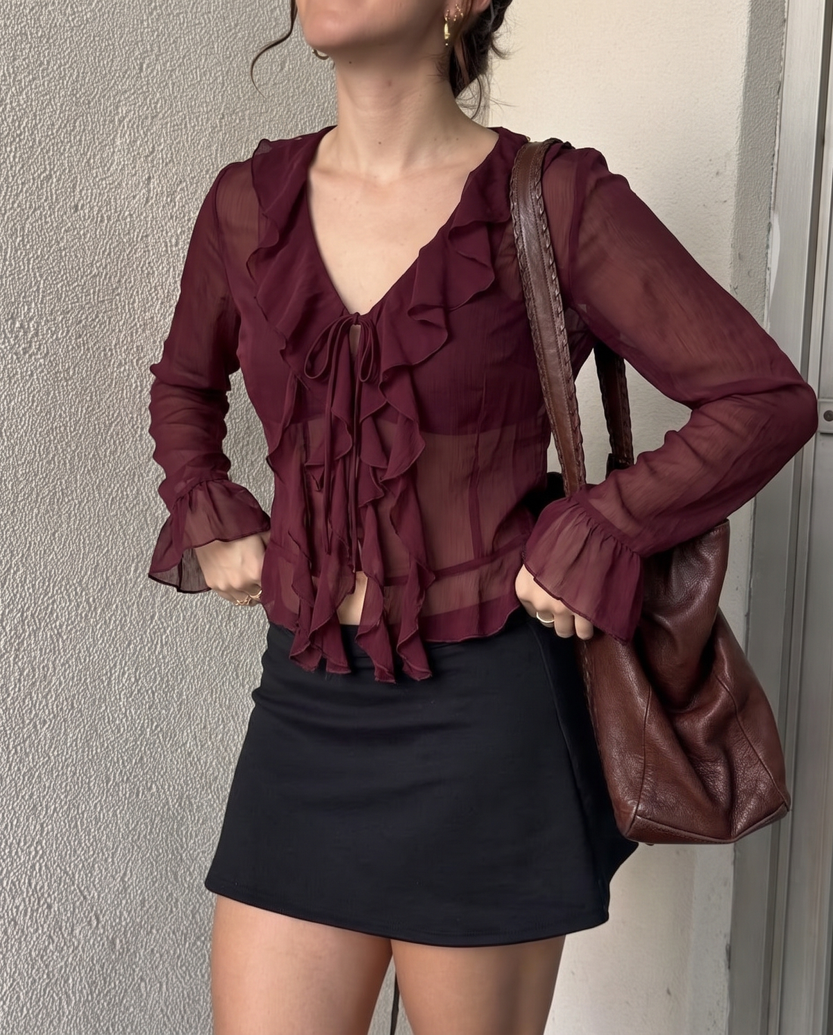 Ruffled Flared Sleeve Burgundy Top