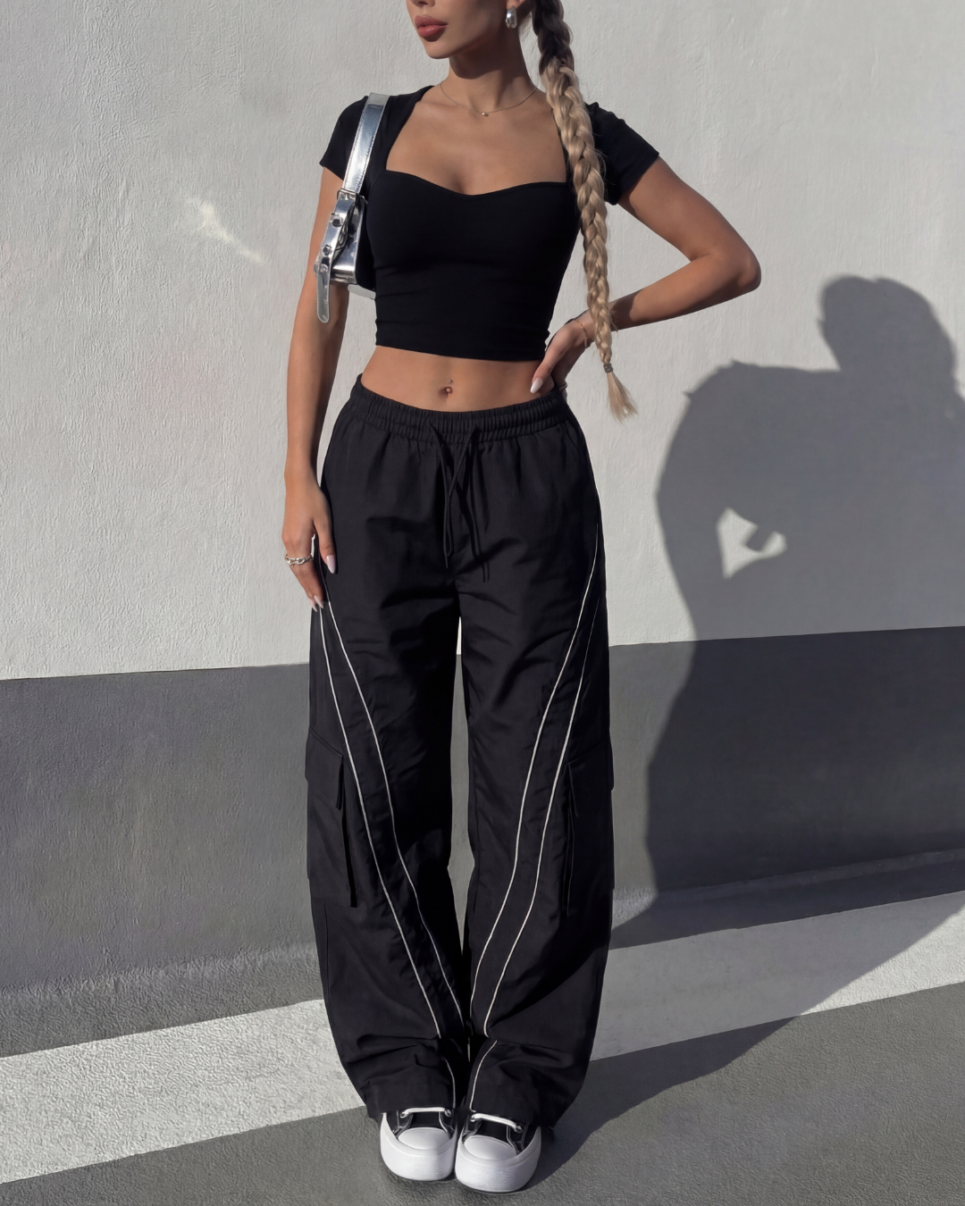 Sweet Heart Neckline Ribbed Top With Stripped Baggy Korean Pants