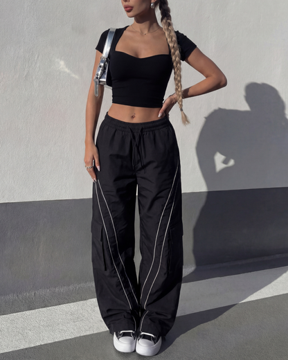 Sweet Heart Neckline Ribbed Top With Stripped Baggy Korean Pants