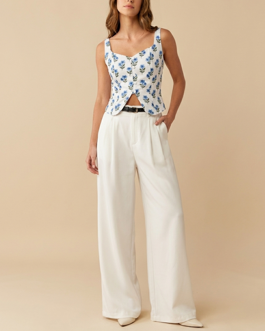 Printed Floral Corset Top With Pleated Korean Pants (Belt Included)