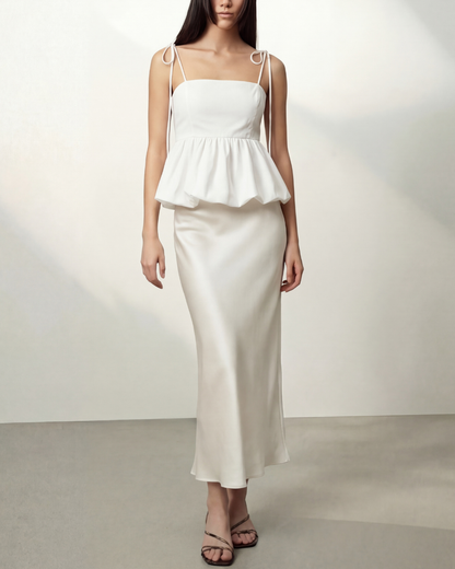 White Bubble Hem Camisole Top With Ivory Satin Skirt