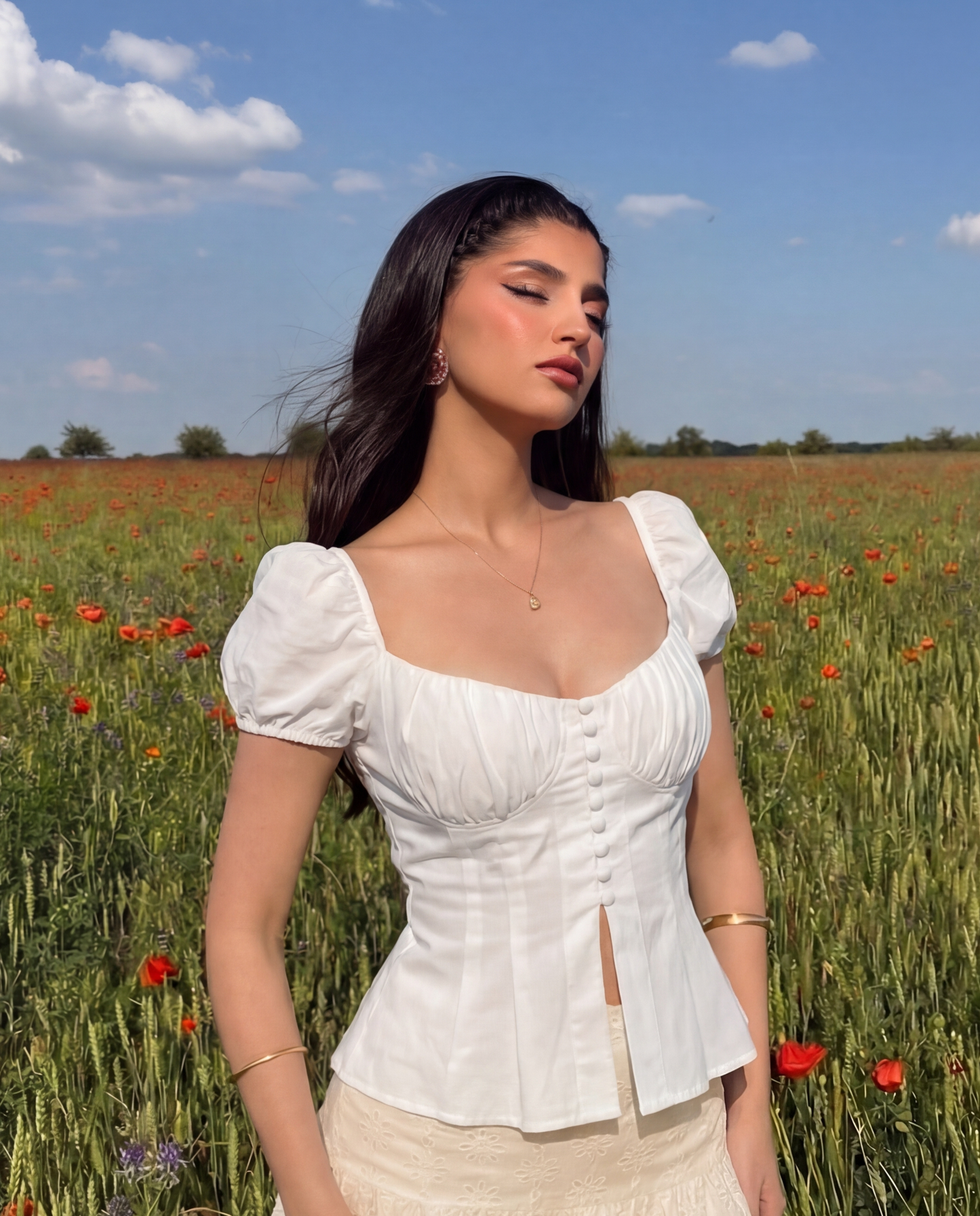 White Button Up Ruched Peplum Top